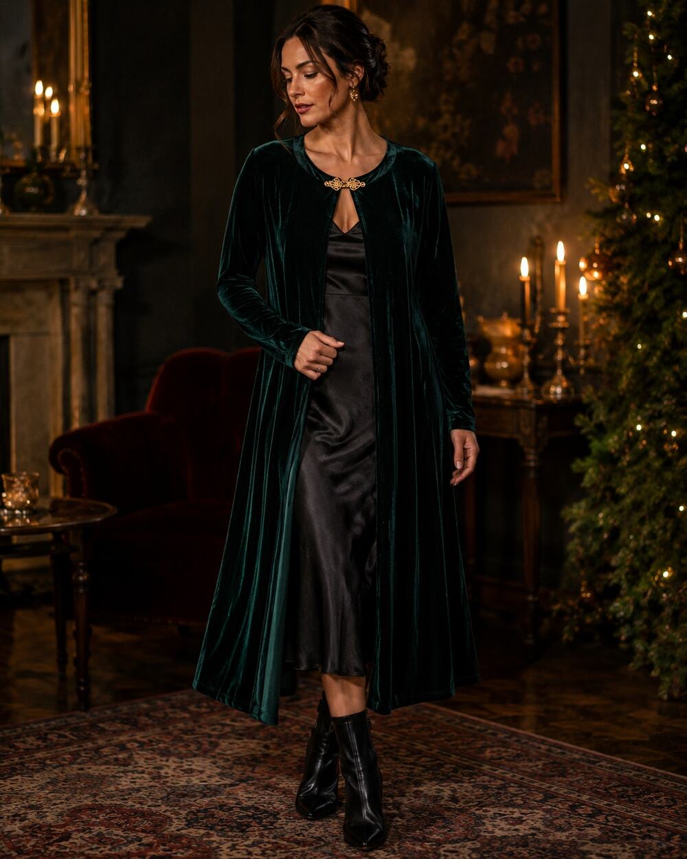 Green Velvet Bolero Cardigan Gold Clasp Goth Quietlux Holiday Christmas Medium